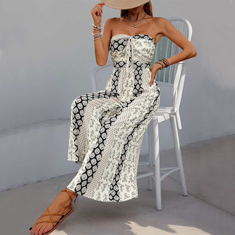 LADIES ONE PIECE STRAPLESS JUMPSUIT APRICOT-BEIGE / NAVY-BEIGE / YELLOW (SIZE S - XL)