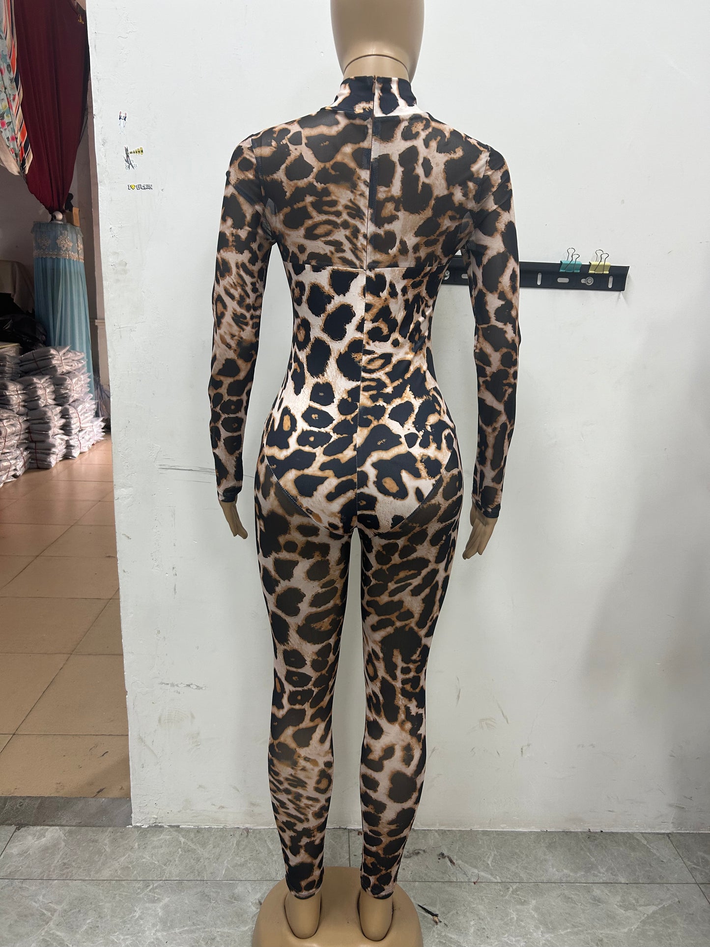 LADIES LONG SLEEVE MESH JUMPSUIT LEOPARD PRINT (SIZE S - XL)
