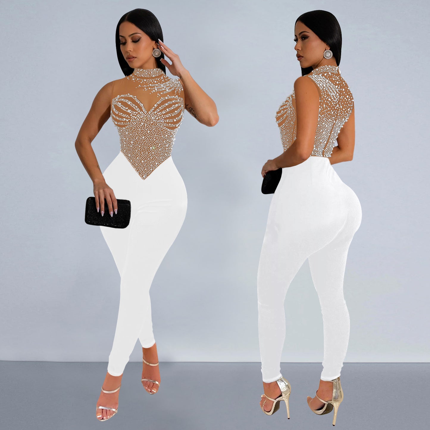 LADIES MESH ONE PIECE JUMPSUIT BLACK / WHITE (SIZE S - 2XL)