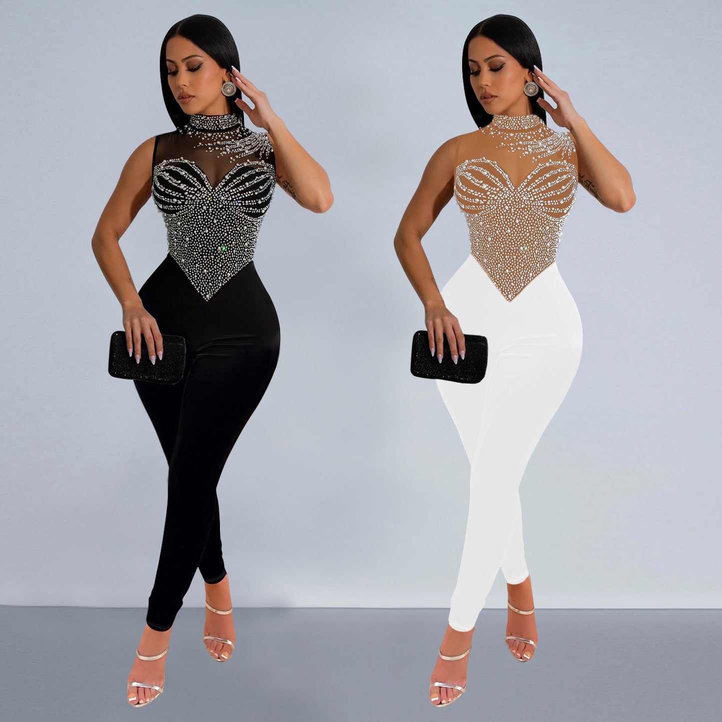 LADIES MESH ONE PIECE JUMPSUIT BLACK / WHITE (SIZE S - 2XL)