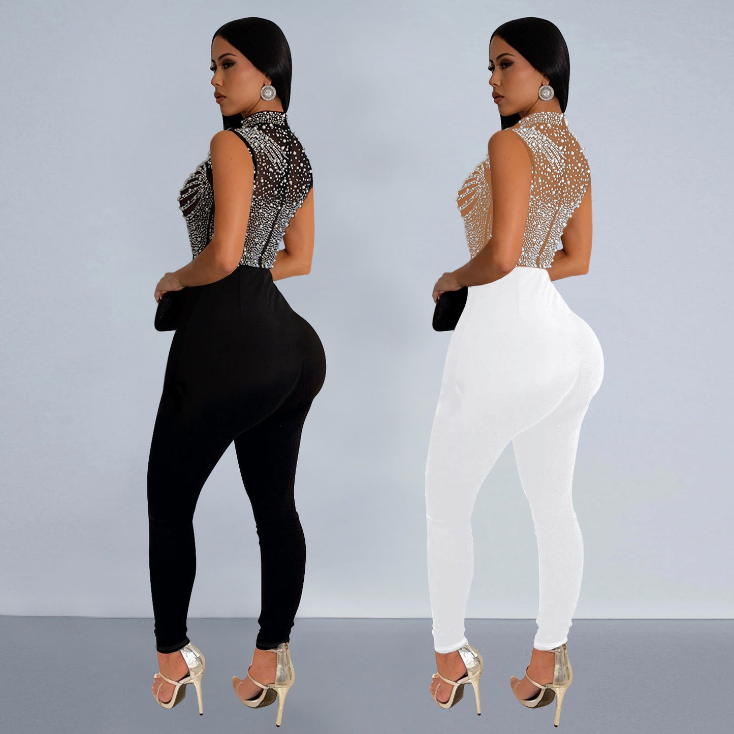 LADIES MESH ONE PIECE JUMPSUIT BLACK / WHITE (SIZE S - 2XL)