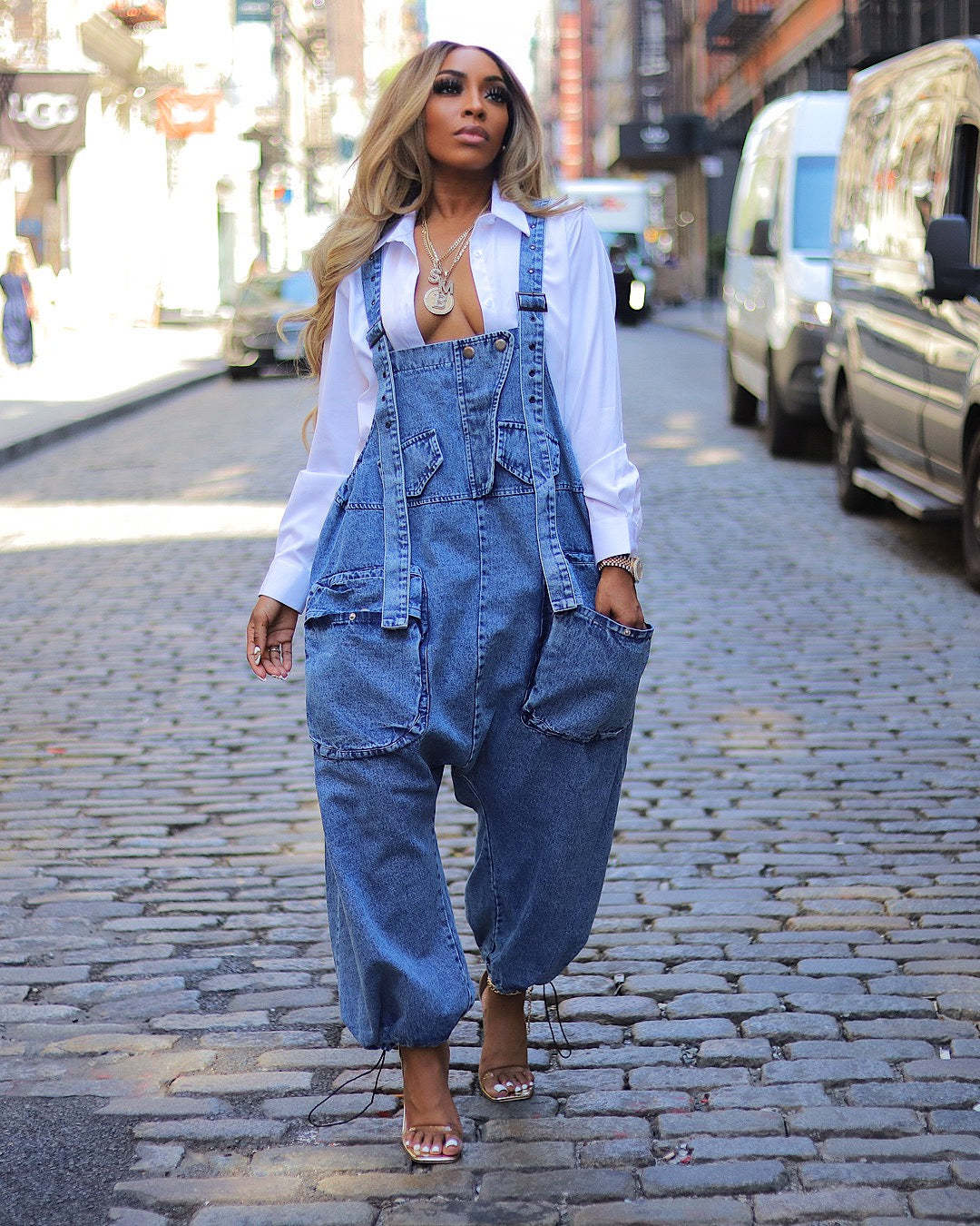 LADIES ONE PIECE DENIM OVERALLS BLUE DENIM (SIZE S - 2XL)