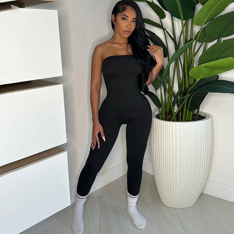 LADIES STRAPLESS ONE PIECE JUMPSUIT BLACK / GRAY / COFFEE / KHAKI (SIZE S - L)
