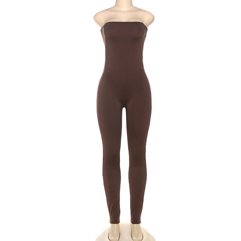 LADIES STRAPLESS ONE PIECE JUMPSUIT BLACK / GRAY / COFFEE / KHAKI (SIZE S - L)