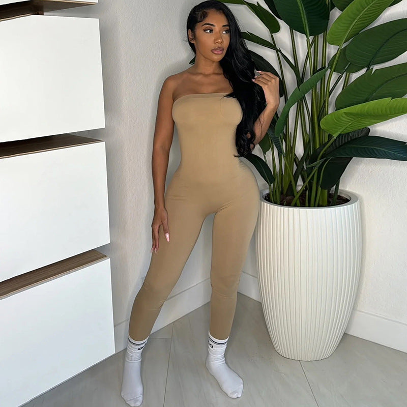 LADIES STRAPLESS ONE PIECE JUMPSUIT BLACK / GRAY / COFFEE / KHAKI (SIZE S - L)