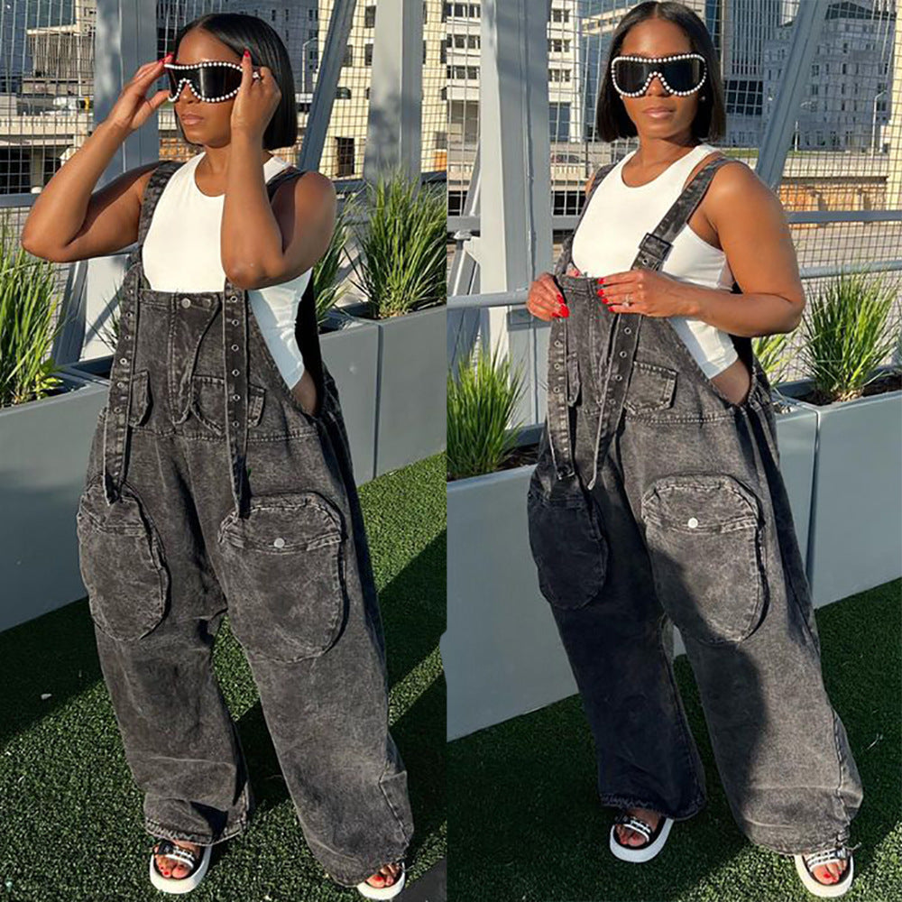 LADIES ONE PIECE WIDE LEG DENIM JUMPSUIT BLACK DENIM (SIZE S - 2XL)