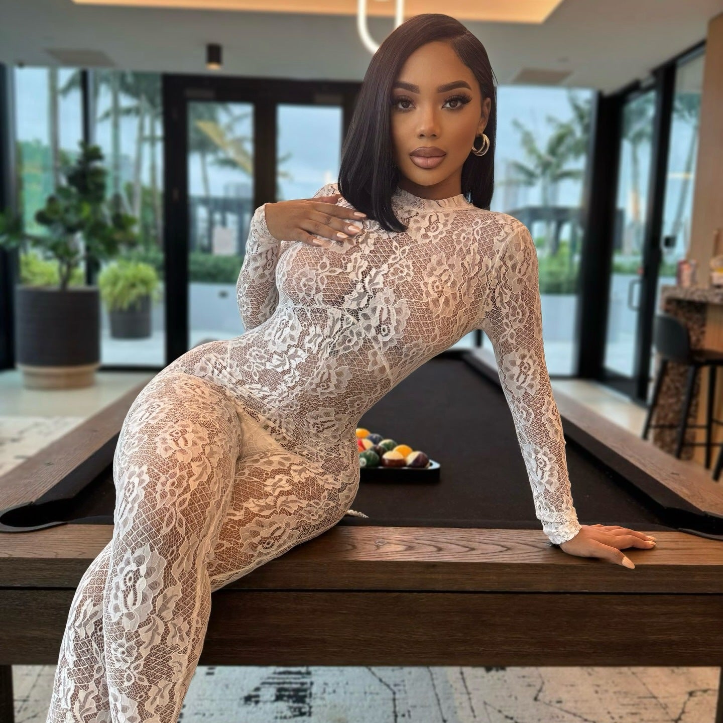LADIES ONE PIECE LACE BACKLESS JUMPSUIT BLACK / WHITE (SIZE S - XL)