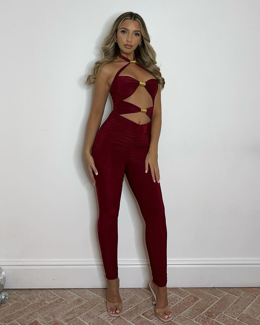 LADIES ONE PIECE LACE UP JUMPSUIT BLACK / WINE RED (SIZE S - L)