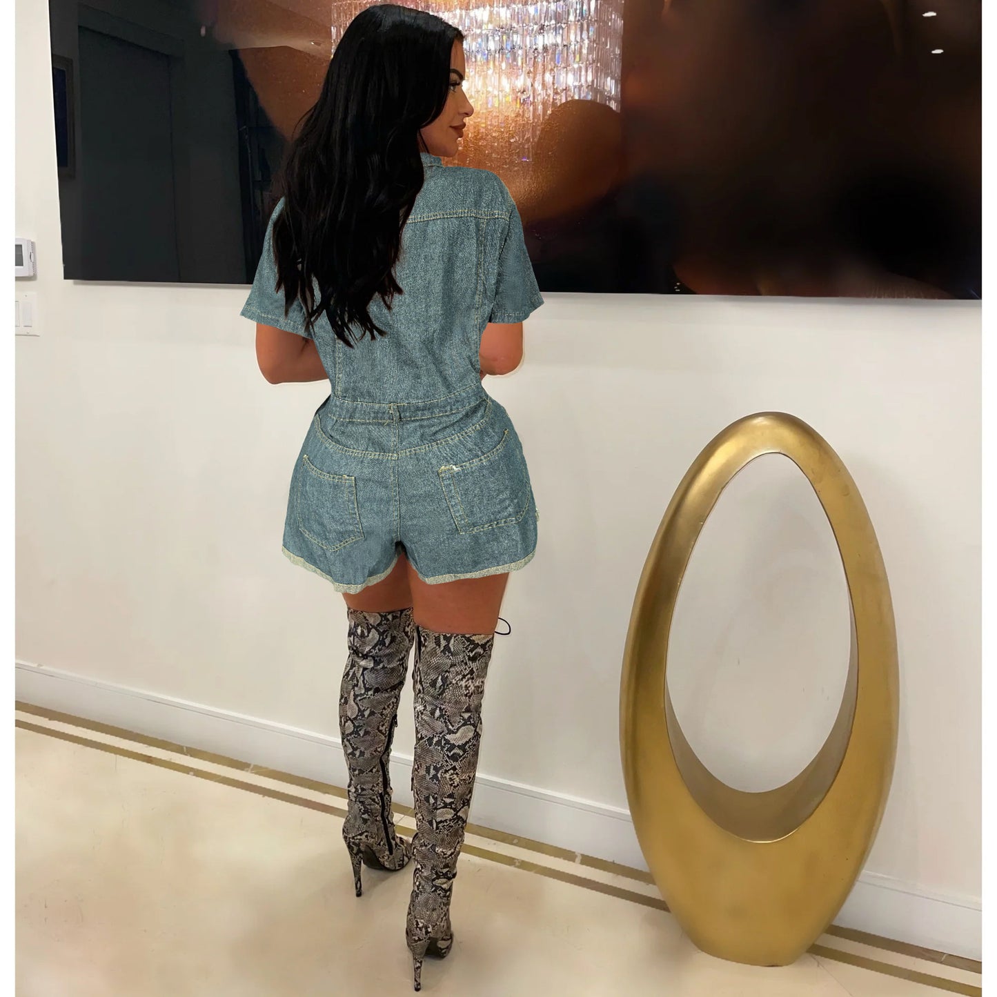 LADIES SHORT SLEEVE DENIM ROMPER PLAYSUIT BLUE DENIM (SIZE S - 2XL)