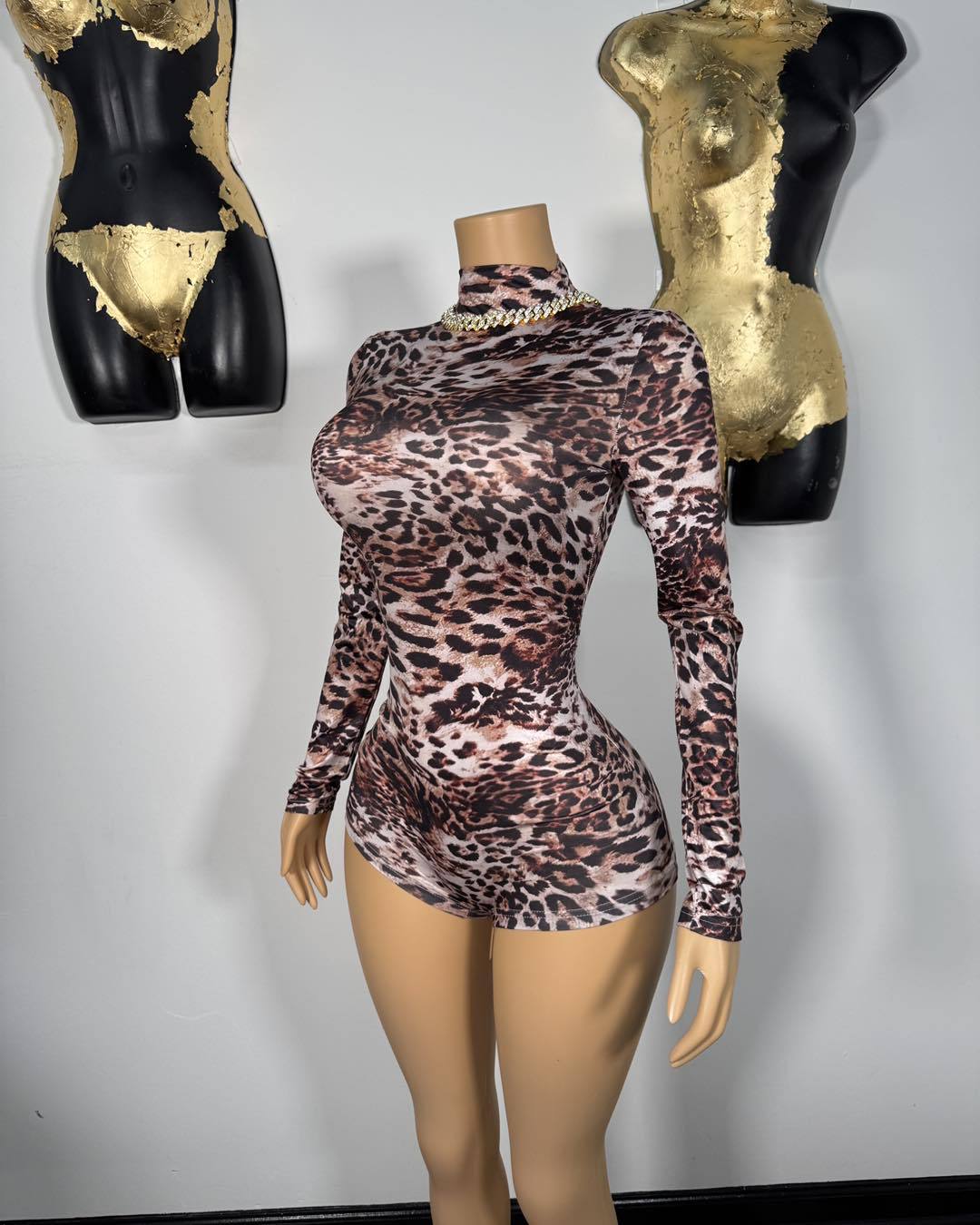 LADIES LONG SLEEVE PLAYSUIT / ROMPER LEOPARD (SIZE S - L)