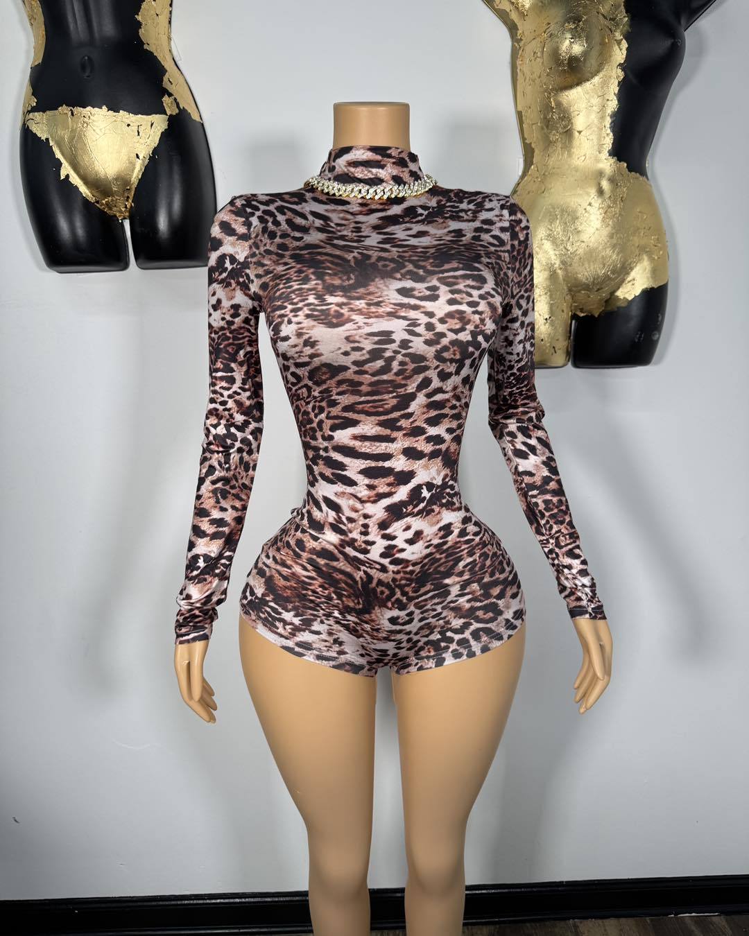 LADIES LONG SLEEVE PLAYSUIT / ROMPER LEOPARD (SIZE S - L)