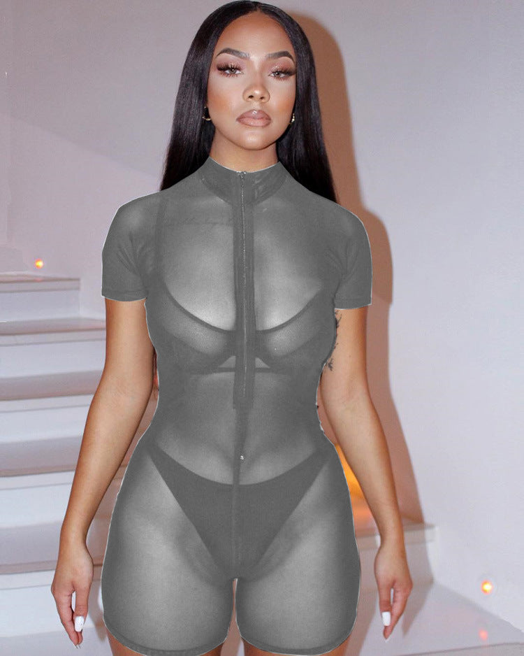 LADIES MESH SEE-THROUGH STRETCHY PLAYSUIT BLACK / BLUE / GRAY / GREEN-YELLOW / WINE RED (SIZE S - XL)