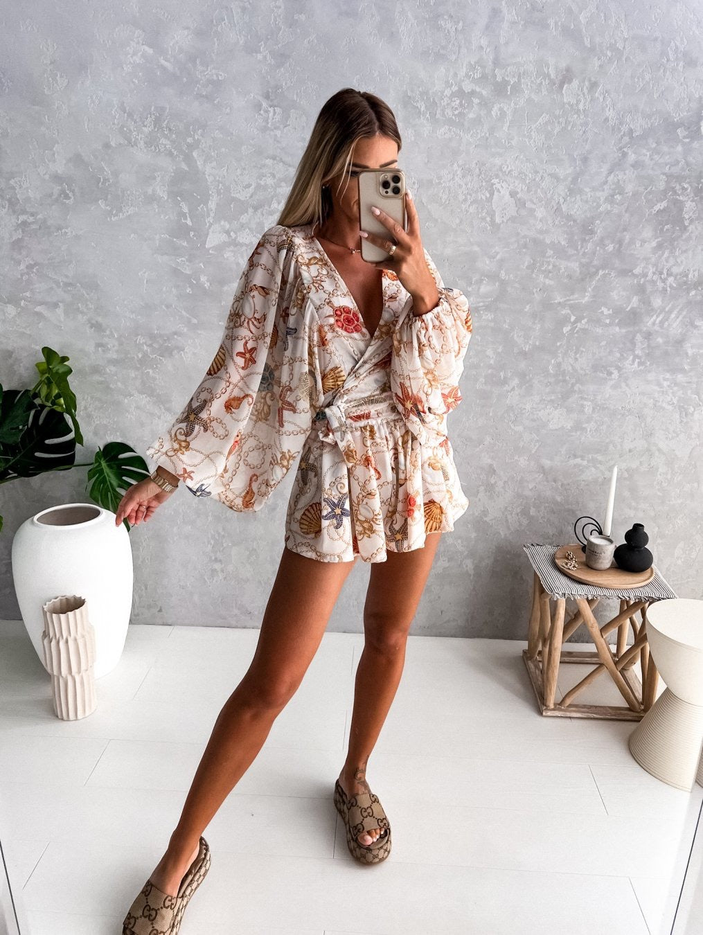 LADIES LONG SLEEVE SHORT PLAYSUIT / ROMPER WHITE (SIZE S - 2XL)