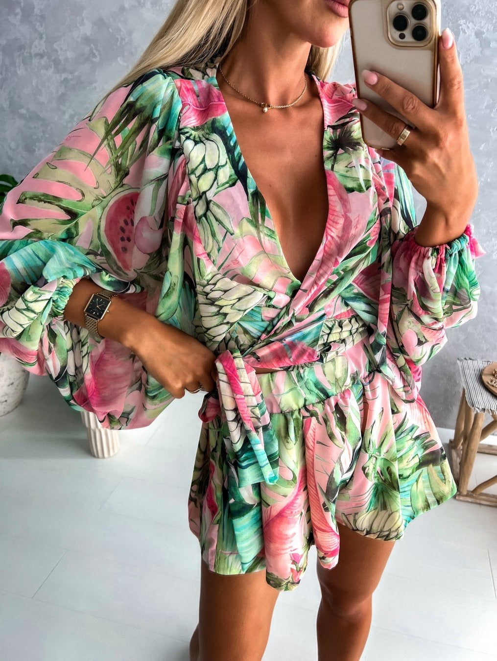 LADIES LONG SLEEVE SHORT PLAYSUIT / ROMPER GREEN (SIZE S - 2XL)