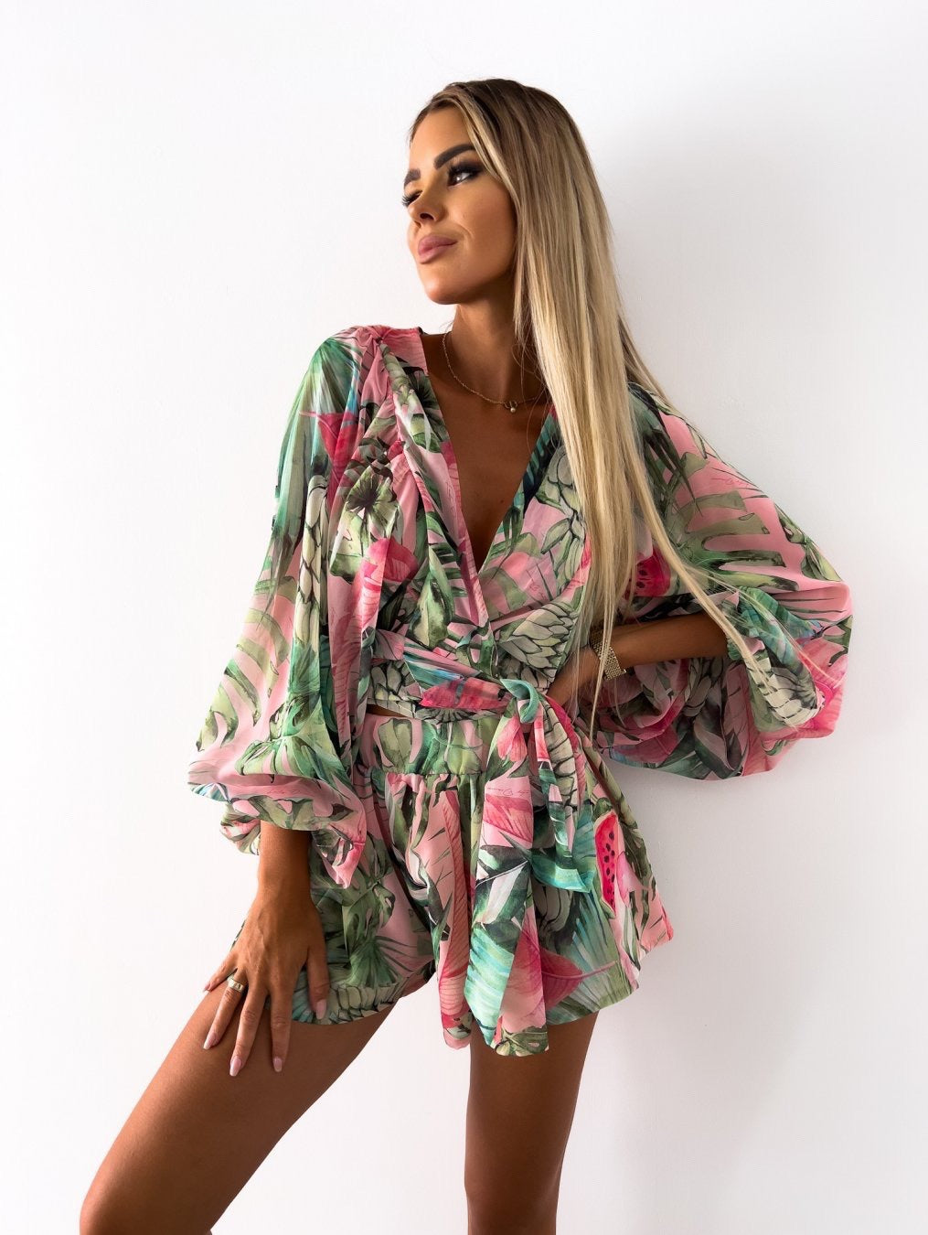 LADIES LONG SLEEVE SHORT PLAYSUIT / ROMPER GREEN (SIZE S - 2XL)