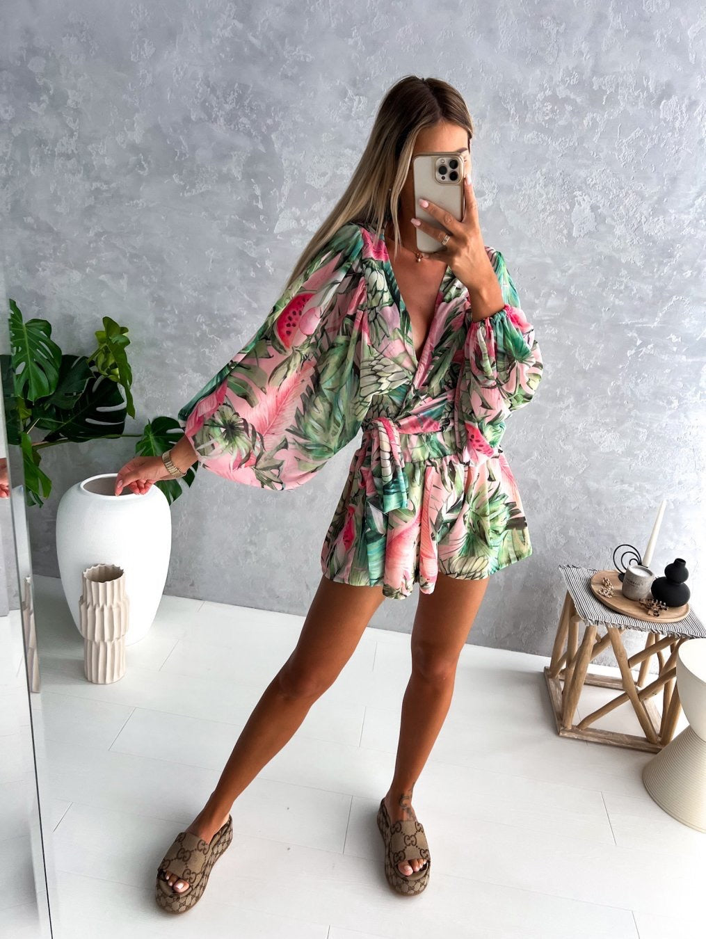 LADIES LONG SLEEVE SHORT PLAYSUIT / ROMPER GREEN (SIZE S - 2XL)