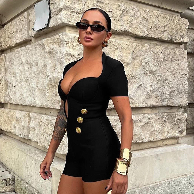 LADIES SHORT SLEEVE PLAYSUIT / ROMPER BLACK (SIZE S - L)