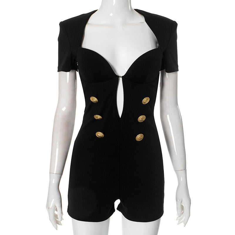 LADIES SHORT SLEEVE PLAYSUIT / ROMPER BLACK (SIZE S - L)