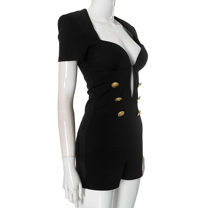 LADIES SHORT SLEEVE PLAYSUIT / ROMPER BLACK (SIZE S - L)