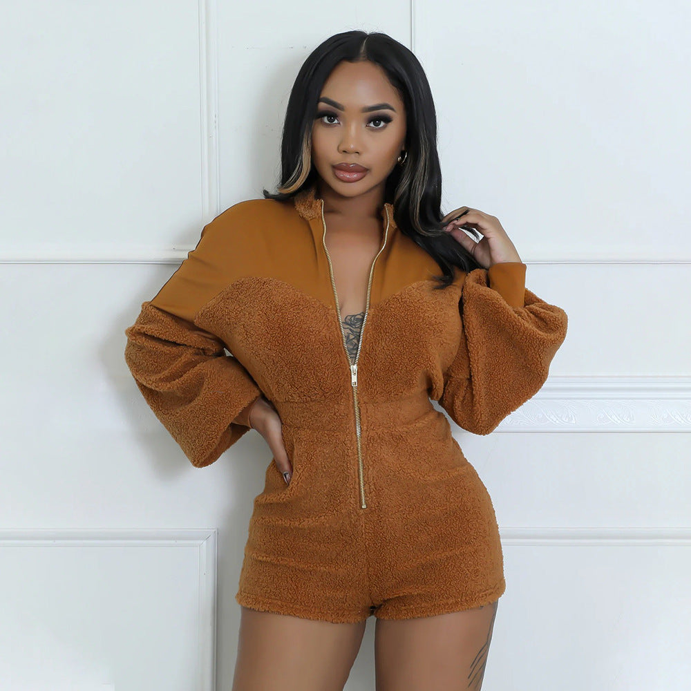 LADIES LONG SLEEVE PLAYSUIT / ROMPER BLACK / LIGHT BROWN (SIZE S - L)