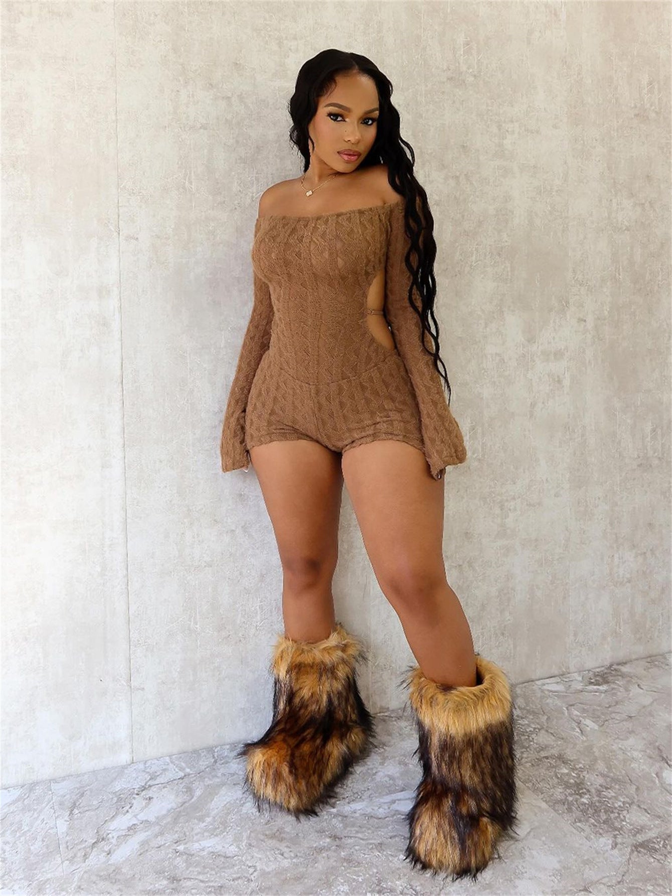 LADIES LONG SLEEVE BACKLESS PLAYSUIT / ROMPER APRICOT-BEIGE / LIGHT BROWN (SIZE S - L)