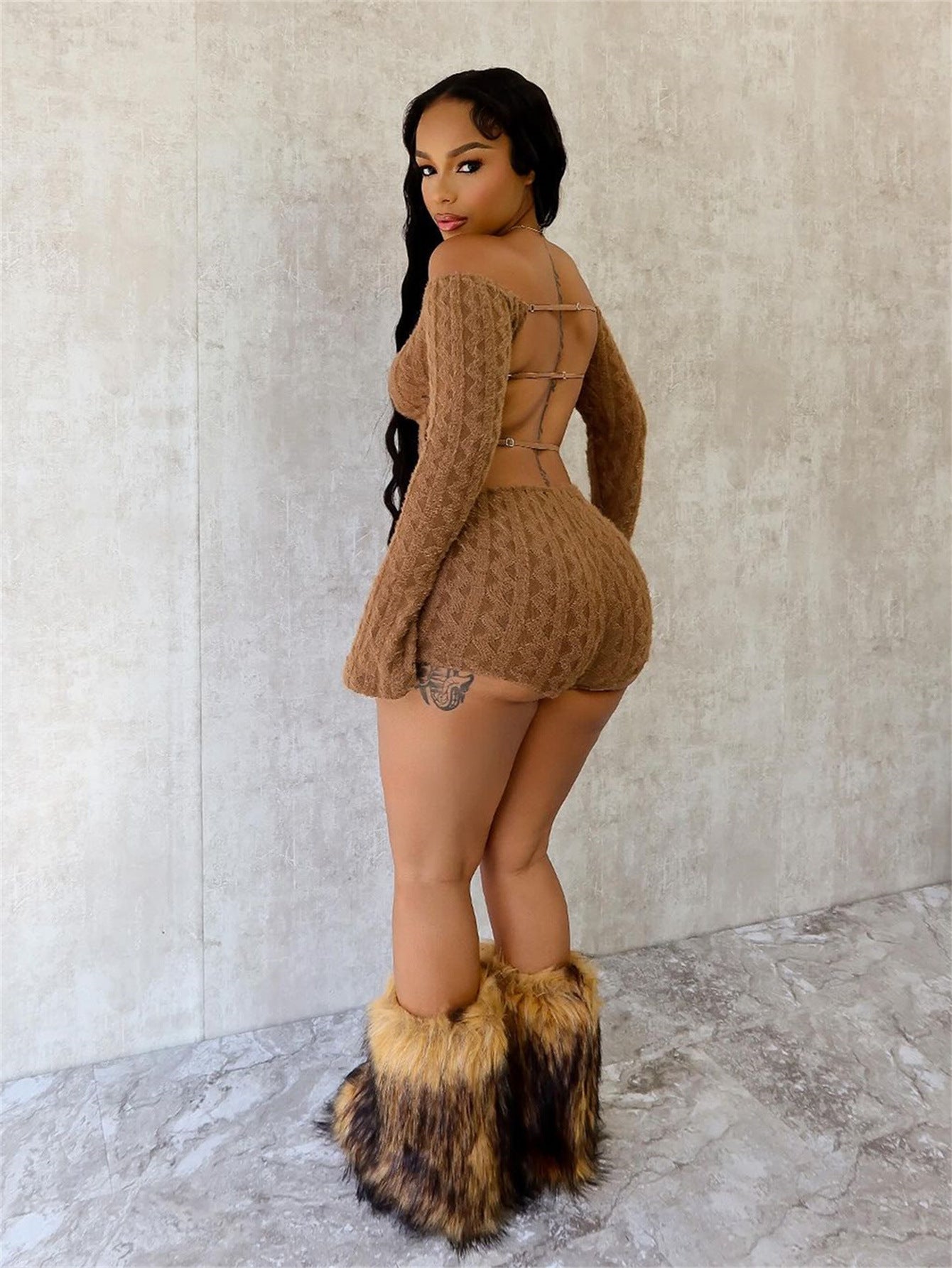 LADIES LONG SLEEVE BACKLESS PLAYSUIT / ROMPER APRICOT-BEIGE / LIGHT BROWN (SIZE S - L)