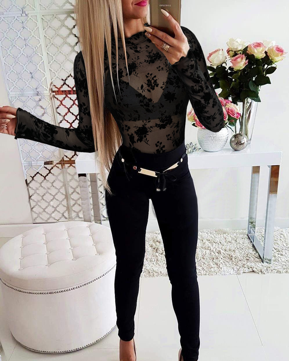 LADIES LONG SLEEVE LACE BODYSUIT BLACK (SIZE S - XL)