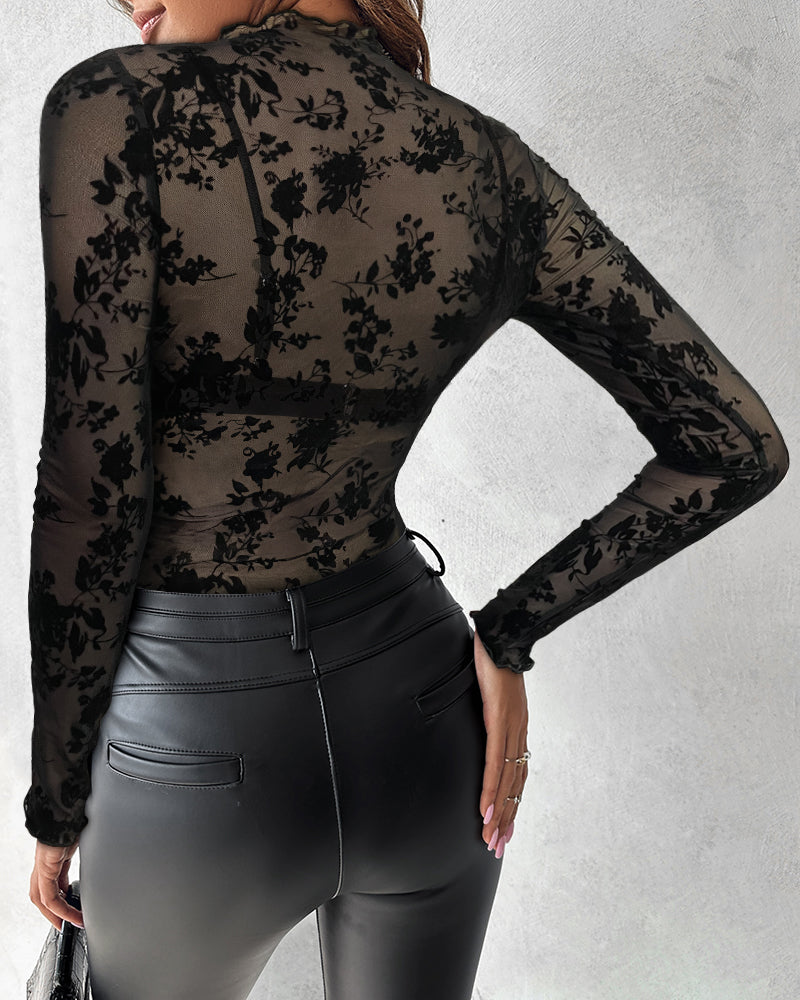 LADIES LONG SLEEVE LACE BODYSUIT BLACK (SIZE S - XL)