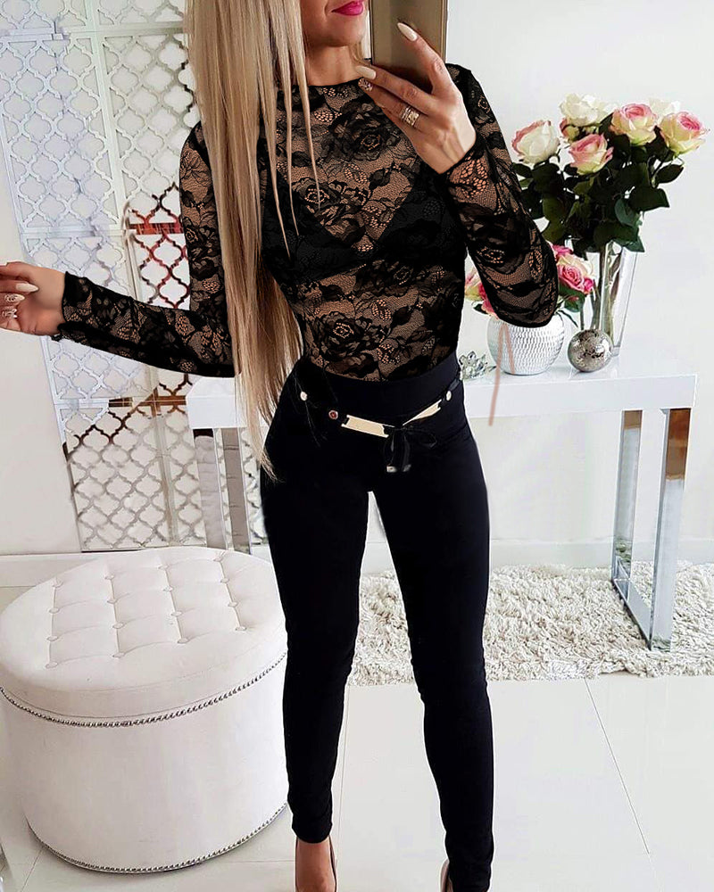 LADIES LONG SLEEVE LACE BODYSUIT BLACK (SIZE S - XL)