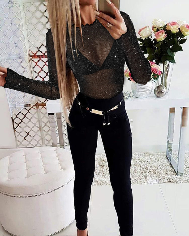 LADIES LONG SLEEVE LACE BODYSUIT BLACK (SIZE S - XL)