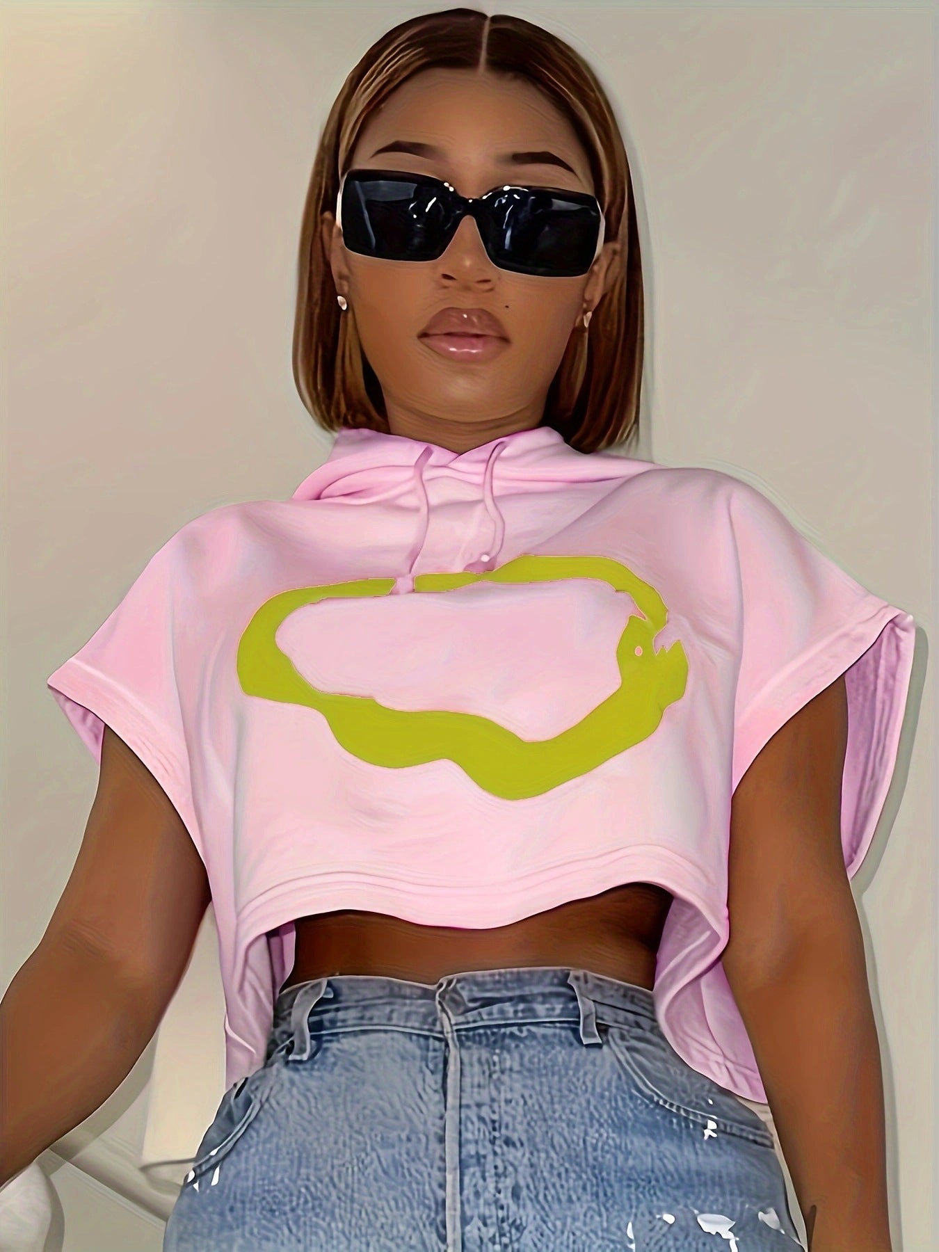 LADIES PRINTED LOOSE FIT HOODED T-SHIRT WHITE / PINK / BLACK / PINK BFLY (SIZE S - 2XL)
