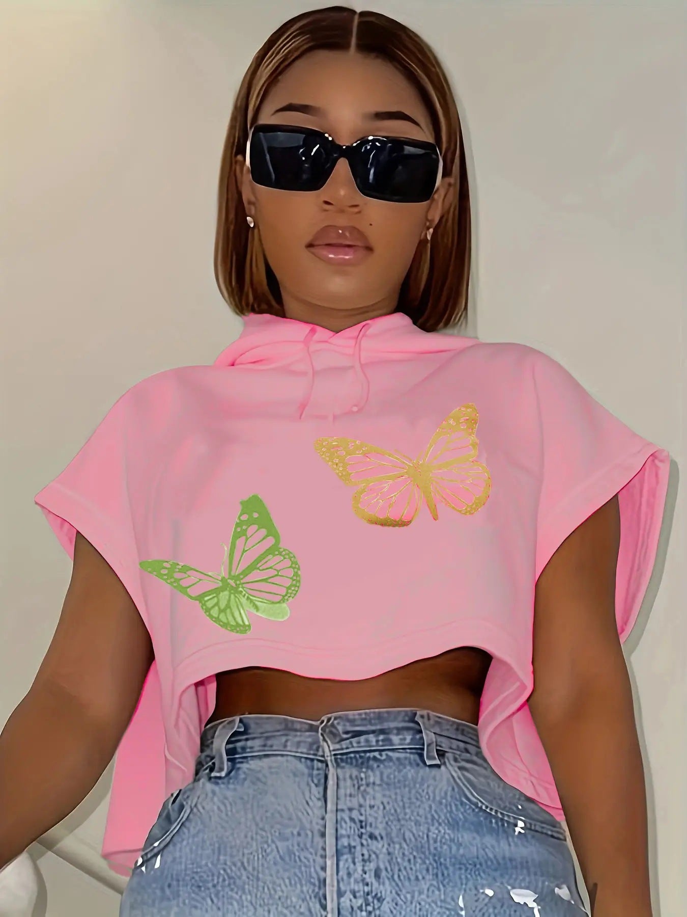 LADIES PRINTED LOOSE FIT HOODED T-SHIRT WHITE / PINK / BLACK / PINK BFLY (SIZE S - 2XL)