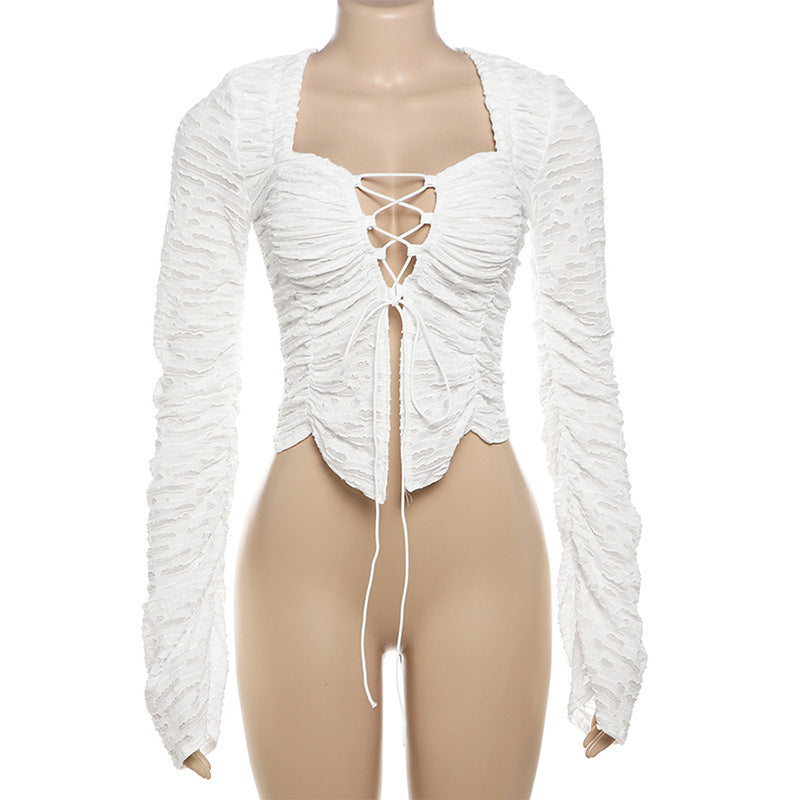 LADIES LACE UP LONG SLEEVE TOP WHITE (SIZE S - L)