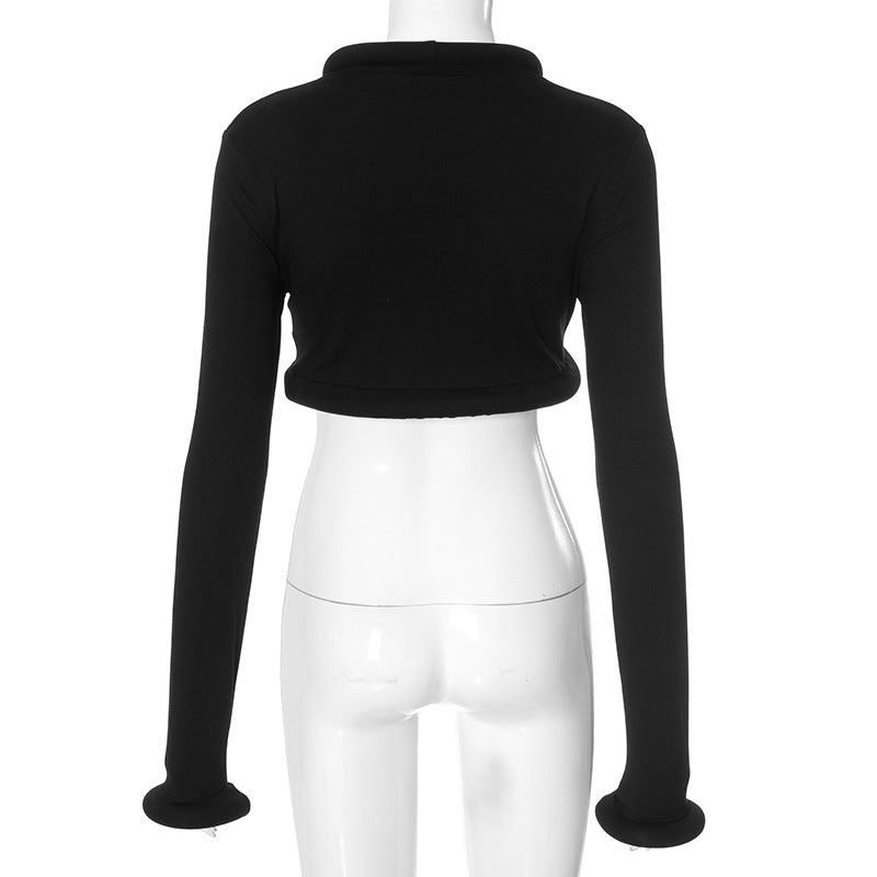 LADIES LONG SLEEVE CROP TOP BLACK (SIZE S - L)
