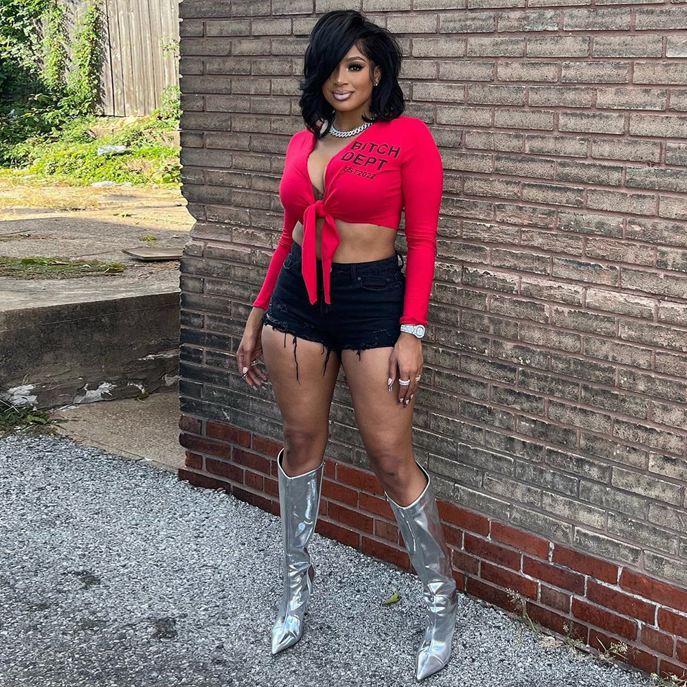 LADIES SEXY TIE UP CROP TOP RED / WHITE (SIZE S - L)