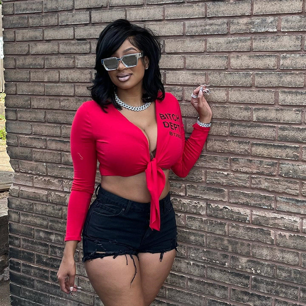 LADIES SEXY TIE UP CROP TOP RED / WHITE (SIZE S - L)
