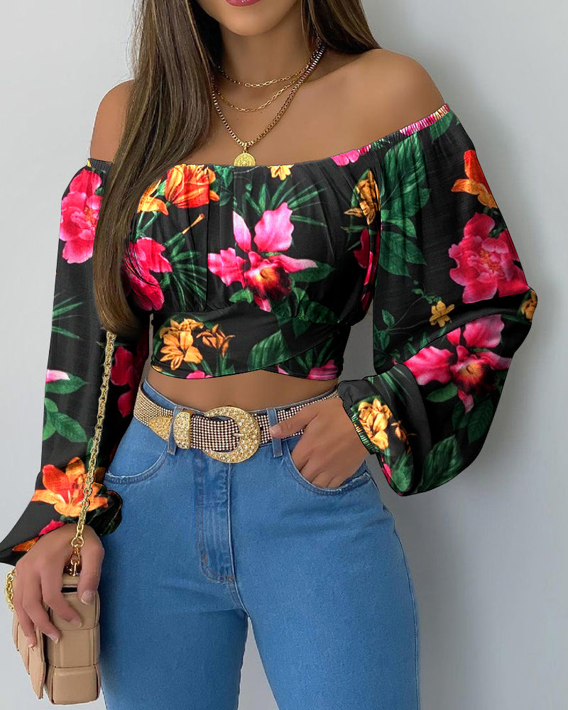 LADIES OFF THE SHOULDER CROP TOP FLORAL (SIZE S - XL)