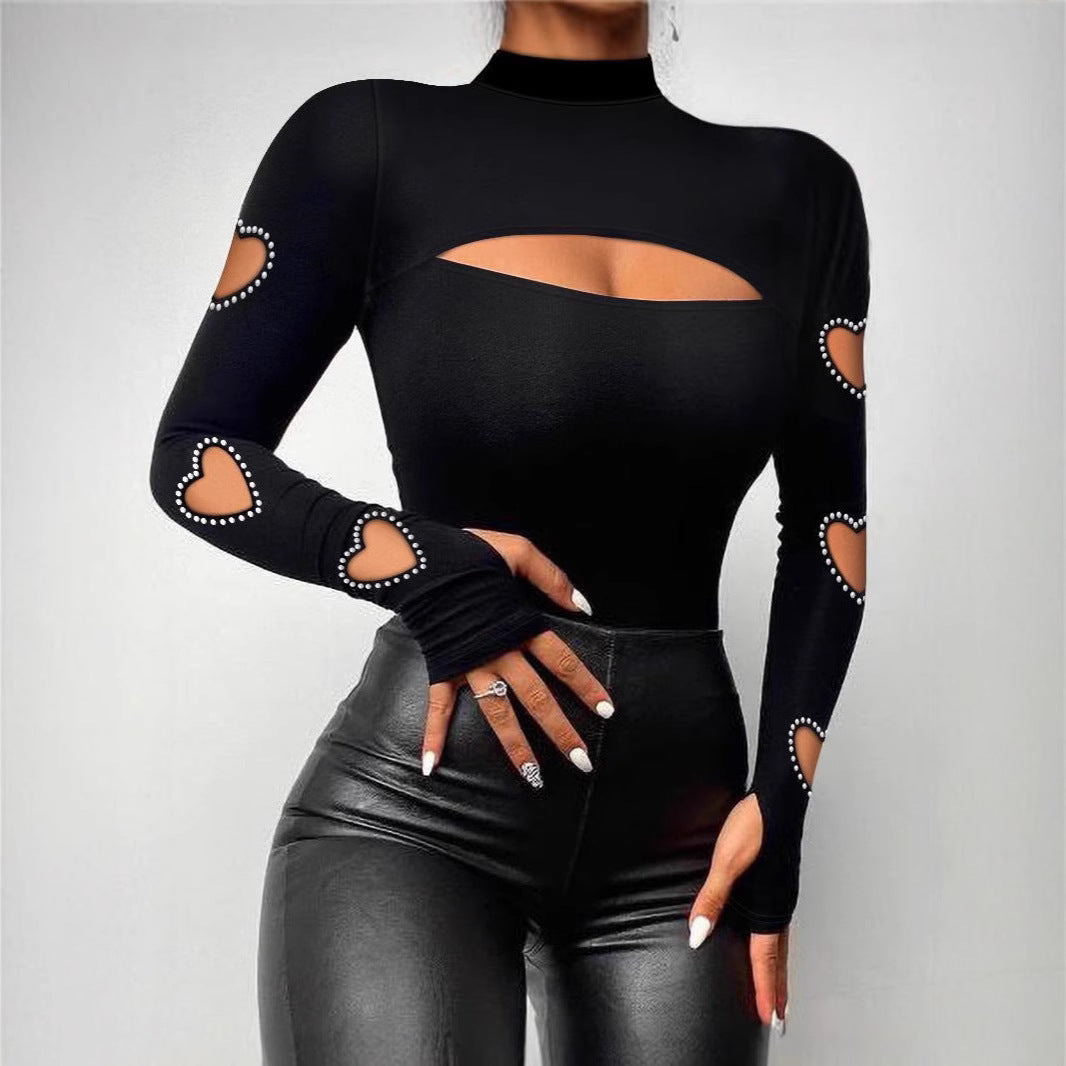LADIES LONG SLEEVE CUT OUT TOP BLACK (SIZE S - 2XL)
