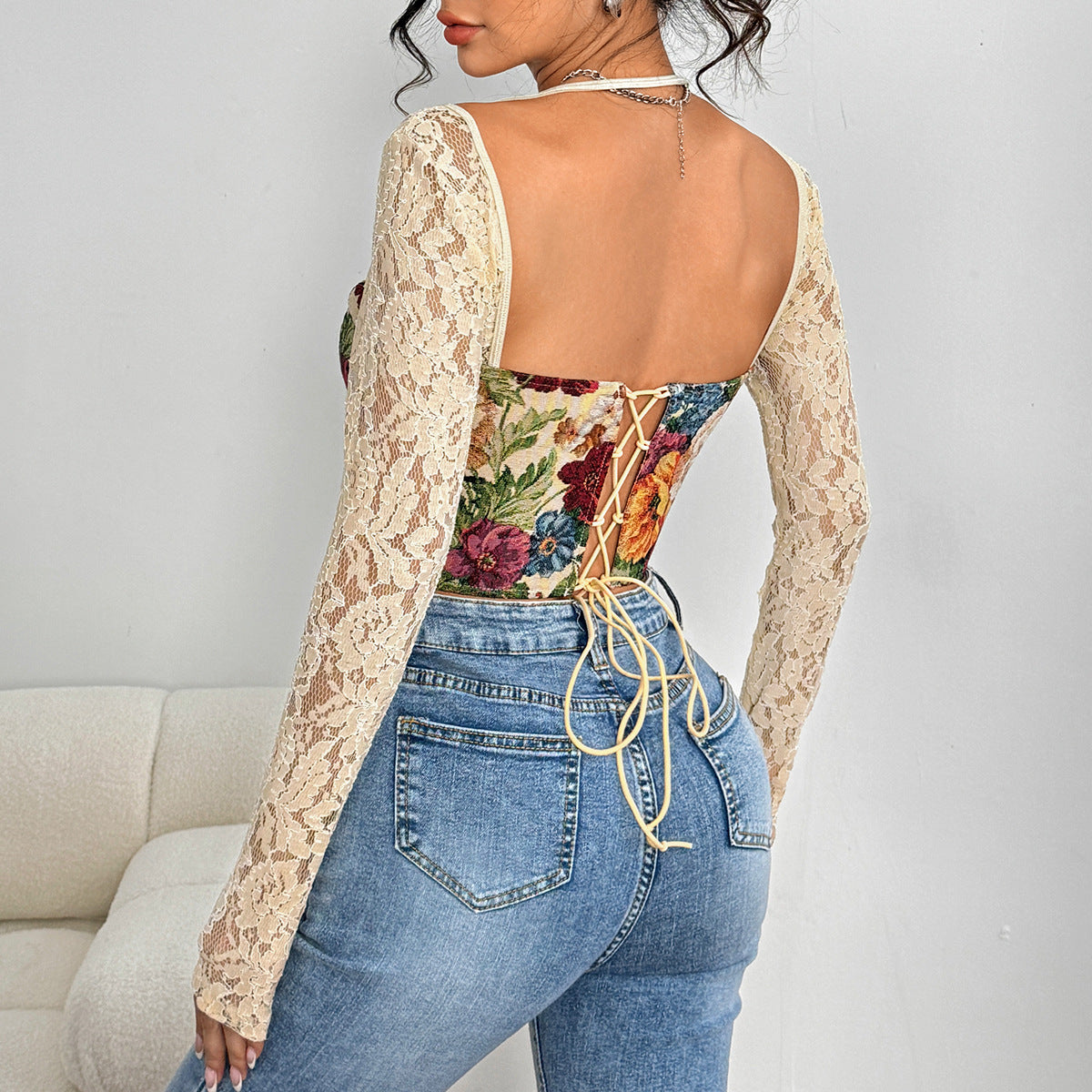 LADIES LACE SLEEVE TOP APRICOT-BEIGE (SIZE S - L)