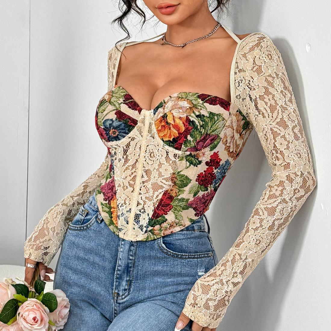 LADIES LACE SLEEVE TOP APRICOT-BEIGE (SIZE S - L)