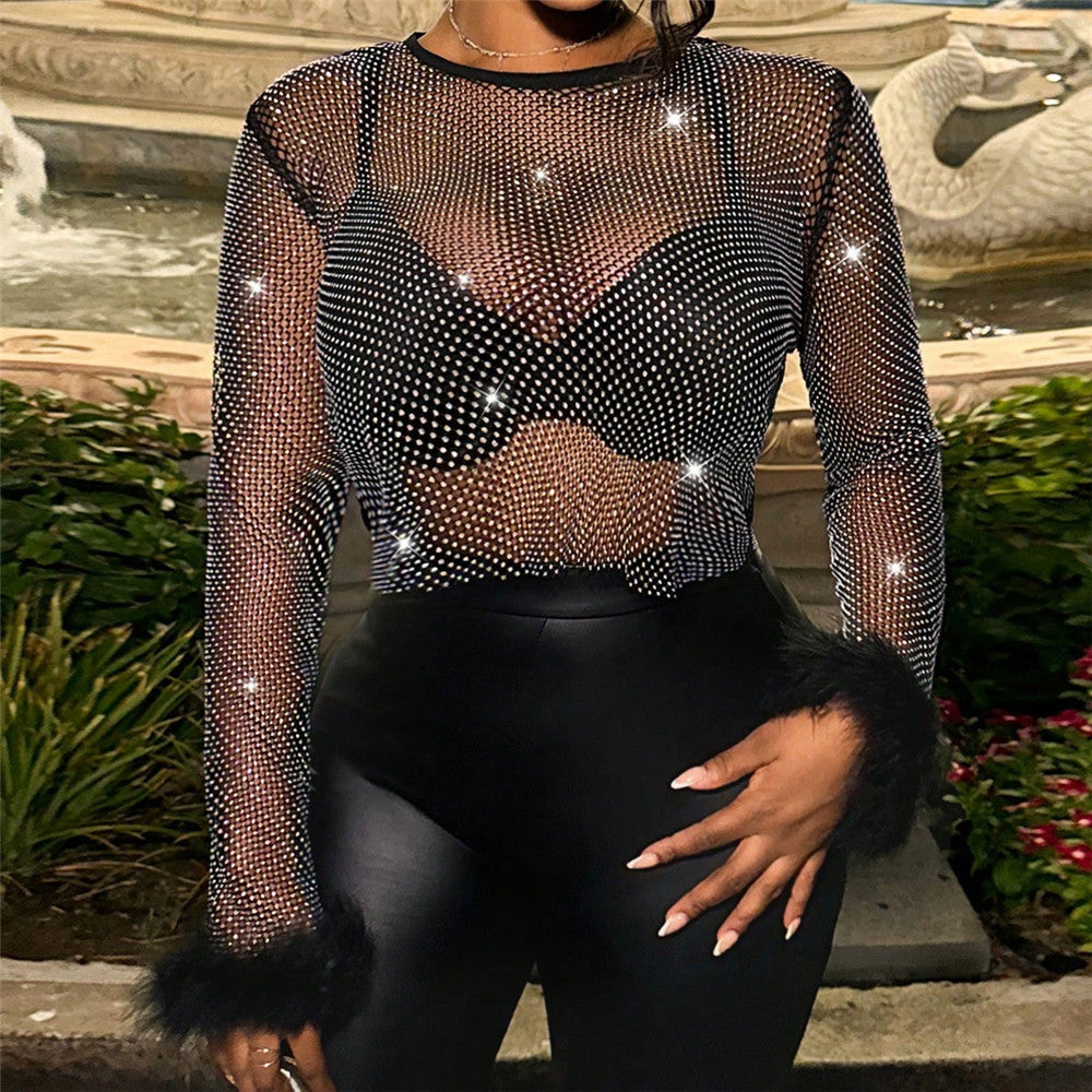 LADIES LONG SLEEVE MESH TOP WITH FEATHER TRIM BLACK (SIZE XS - L)