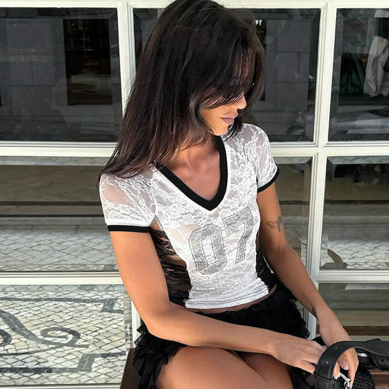 LADIES SHORT SLEEVE LACE T-SHIRT TOP (SIZE S - L)
