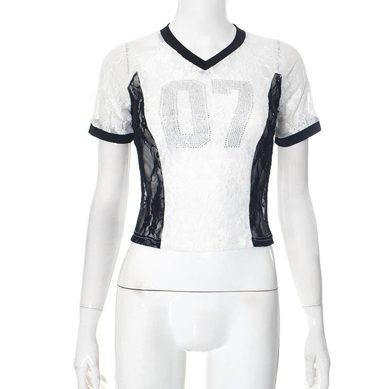 LADIES SHORT SLEEVE LACE T-SHIRT TOP (SIZE S - L)