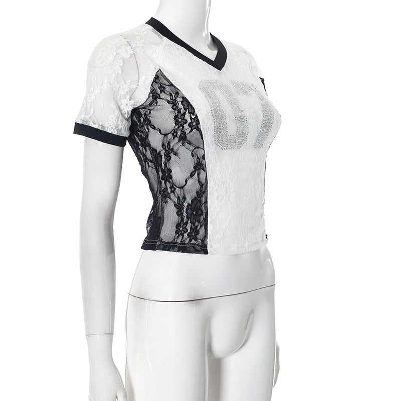 LADIES SHORT SLEEVE LACE T-SHIRT TOP (SIZE S - L)