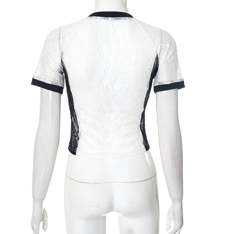 LADIES SHORT SLEEVE LACE T-SHIRT TOP (SIZE S - L)