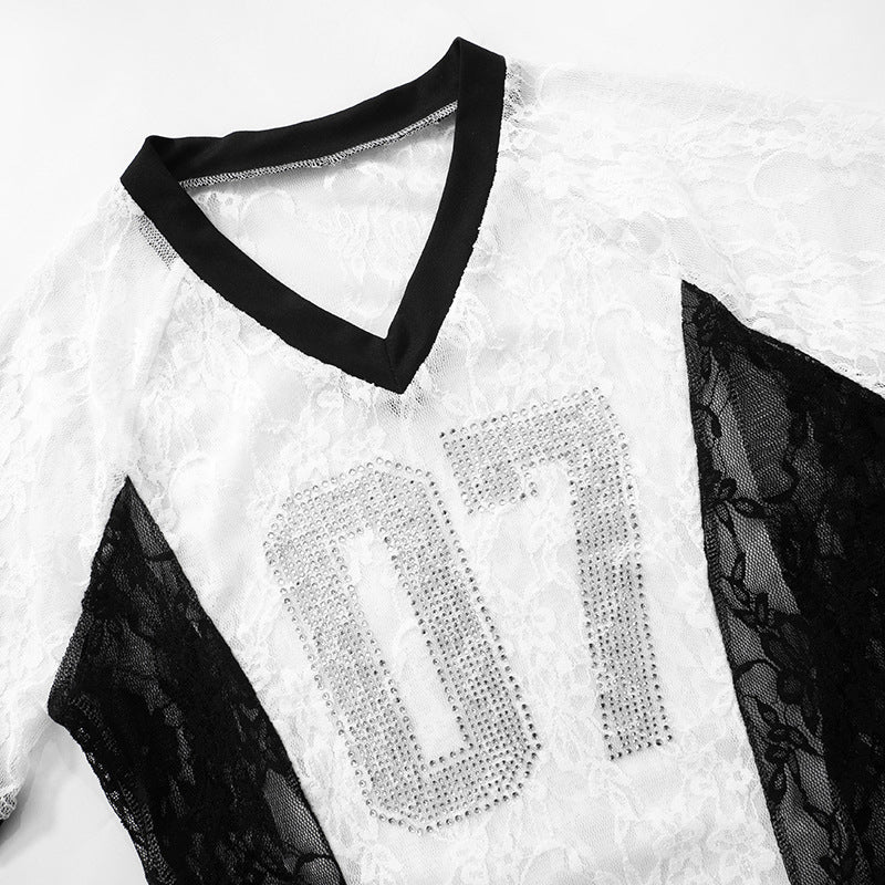 LADIES SHORT SLEEVE LACE T-SHIRT TOP (SIZE S - L)