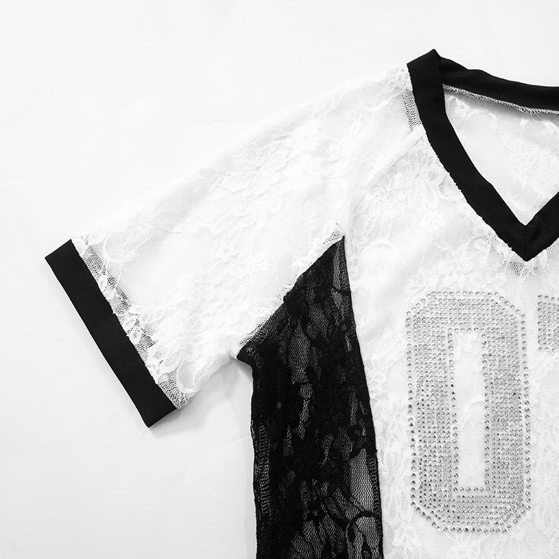 LADIES SHORT SLEEVE LACE T-SHIRT TOP (SIZE S - L)