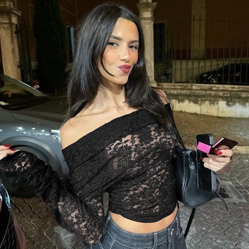 LADIES LONG SLEEVE LACE TOP BLACK / WINE RED (SIZE S - L)