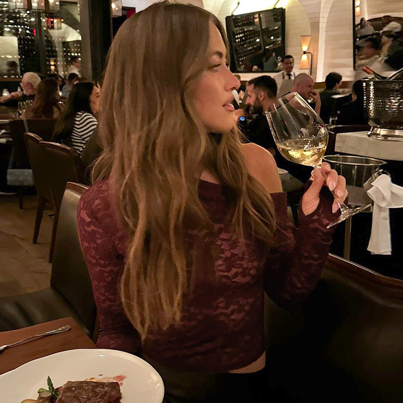 LADIES LONG SLEEVE LACE TOP BLACK / WINE RED (SIZE S - L)