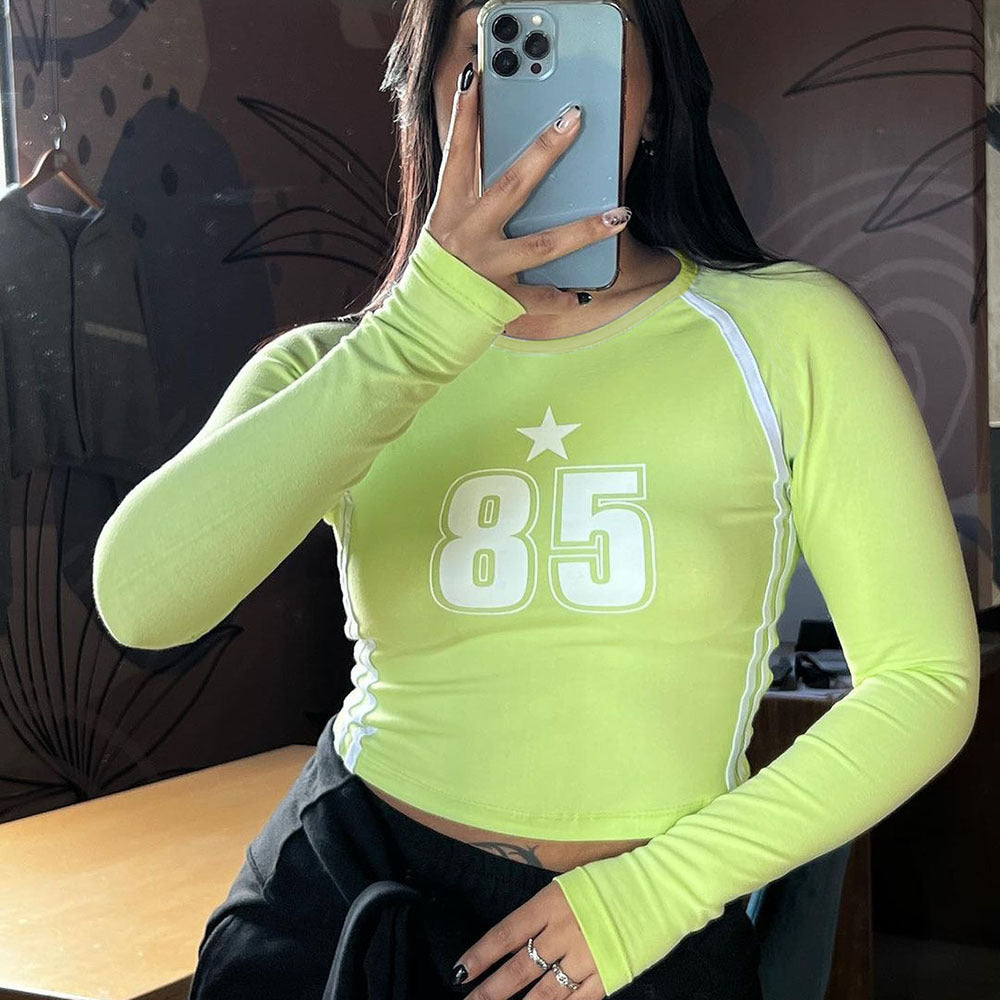 LADIES LONG SLEEVE CROPPED T-SHIRT BLACK / NAVY / YELLOW-GREEN (SIZE S - L)